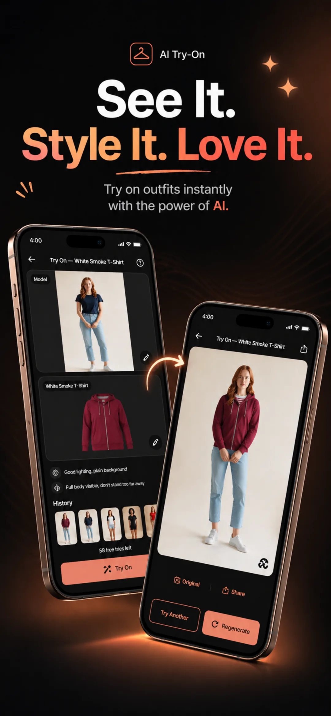 Outfii Virtual Try-On showing an outfit rendered on a real photo of the user