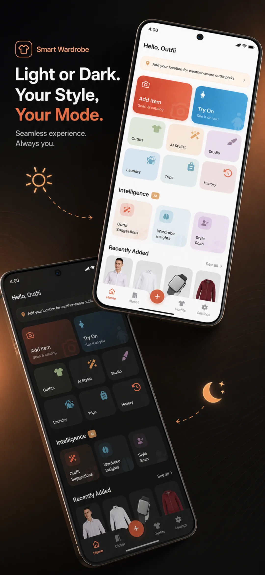 Outfii light and dark mode side by side